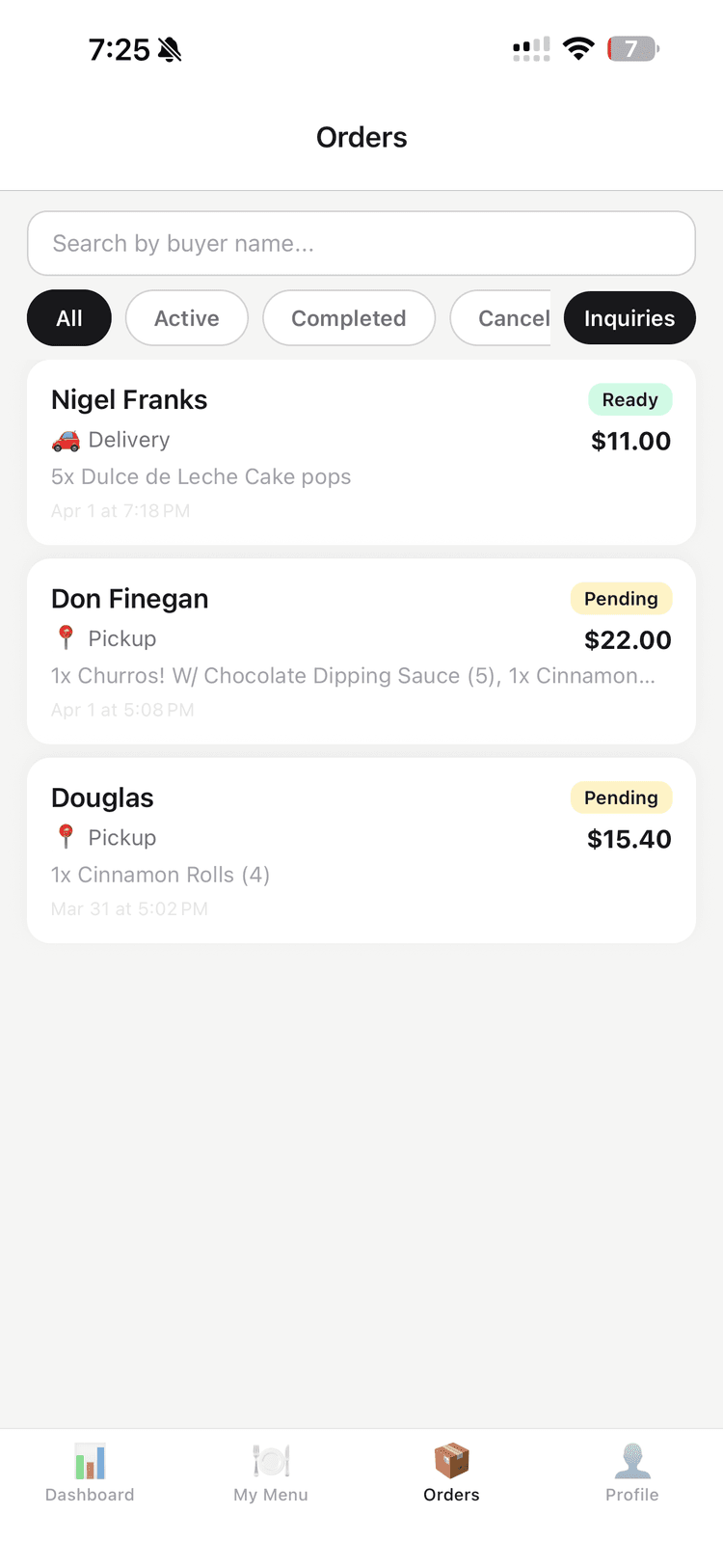 VibeKitchen mobile app — Orders screen showing incoming orders with dollar amounts
