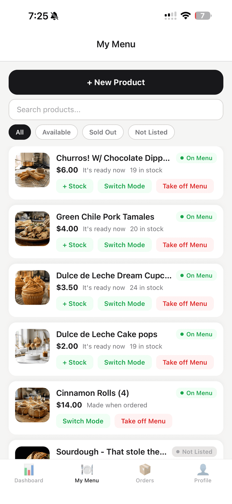VibeKitchen mobile app — My Menu screen showing listed products with photos and prices