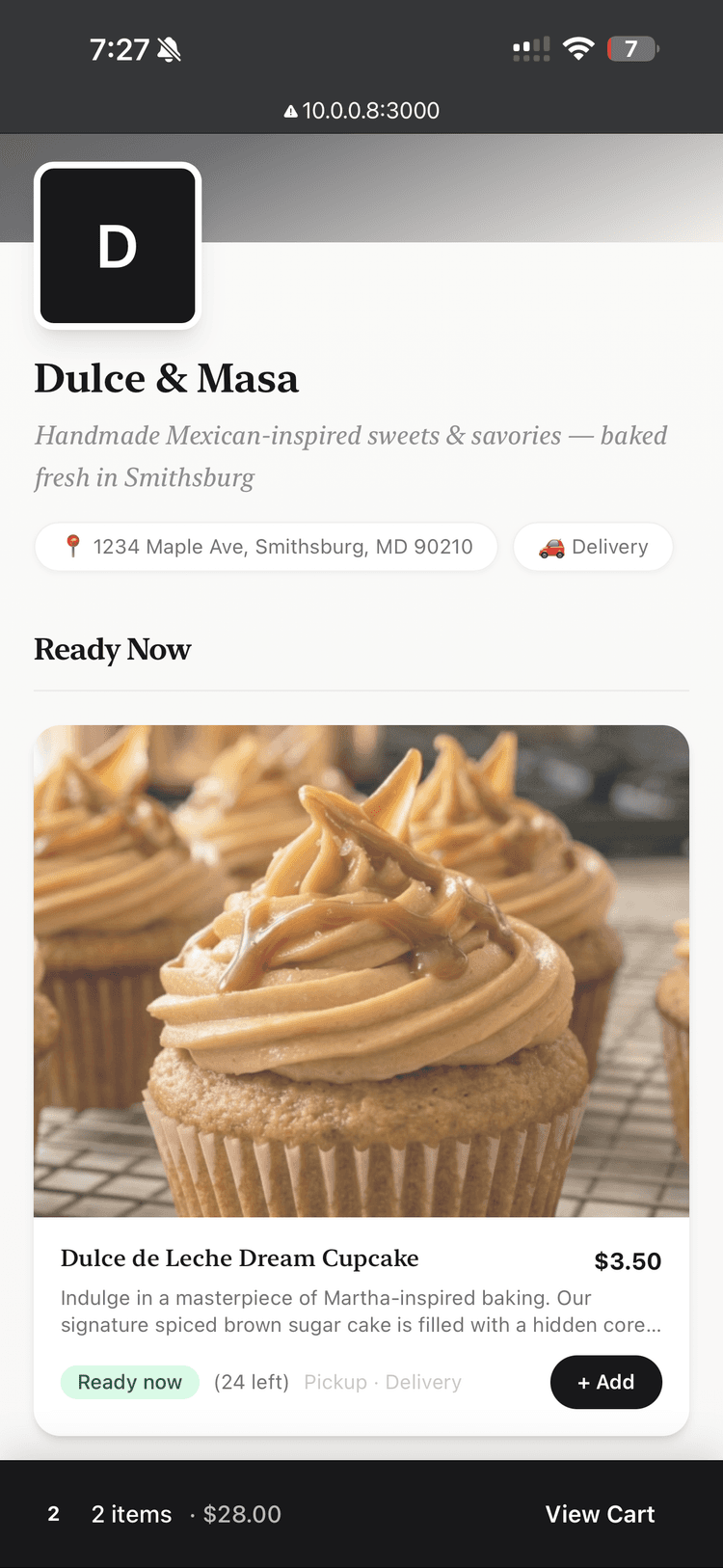 Buyer-facing storefront page showing a chef's menu with products and Add to Cart