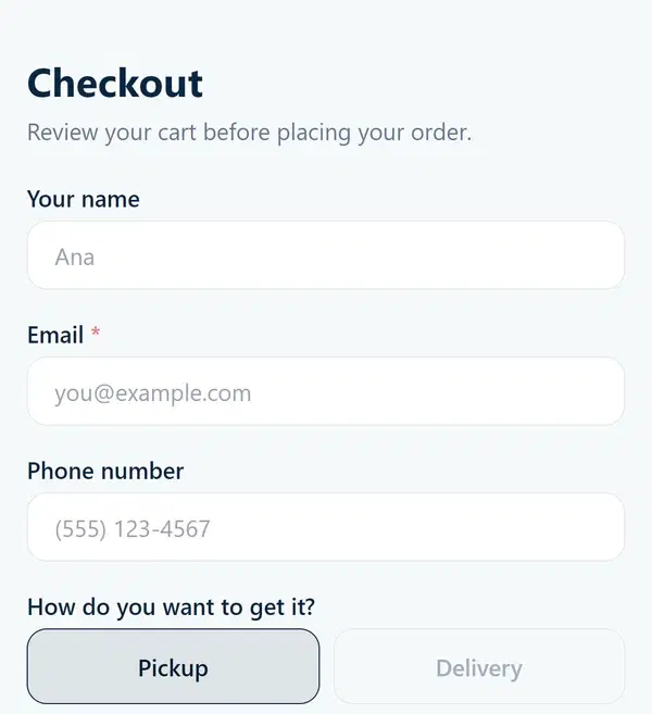 Sample checkout with contact details and pickup or delivery options